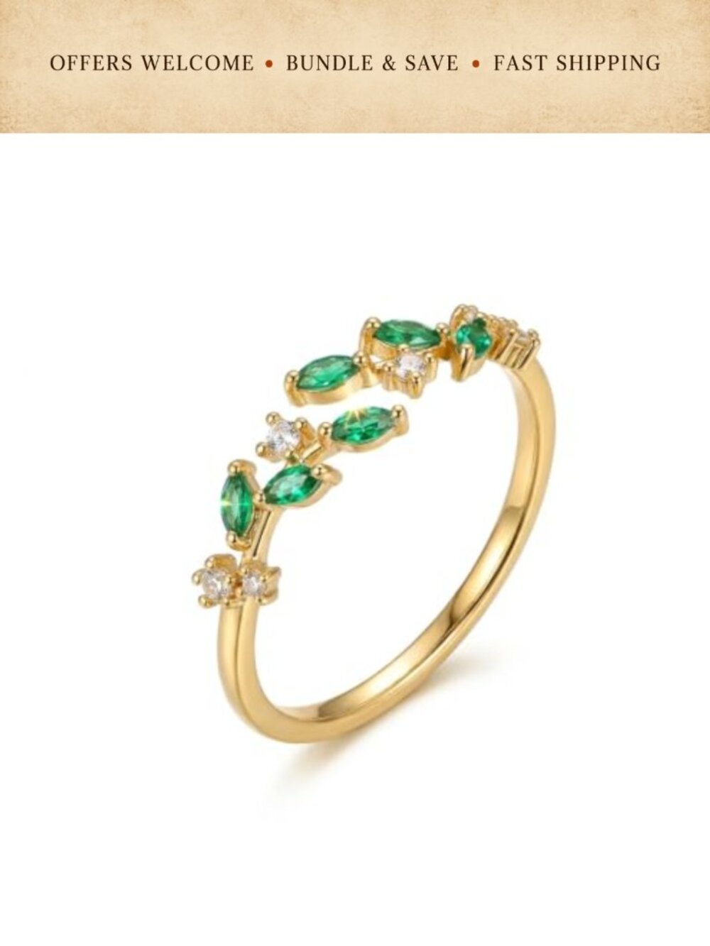 CZ Leaf Open Adjustable Stackable Ring Cubic Zirconia Dainty Jewelry Gift